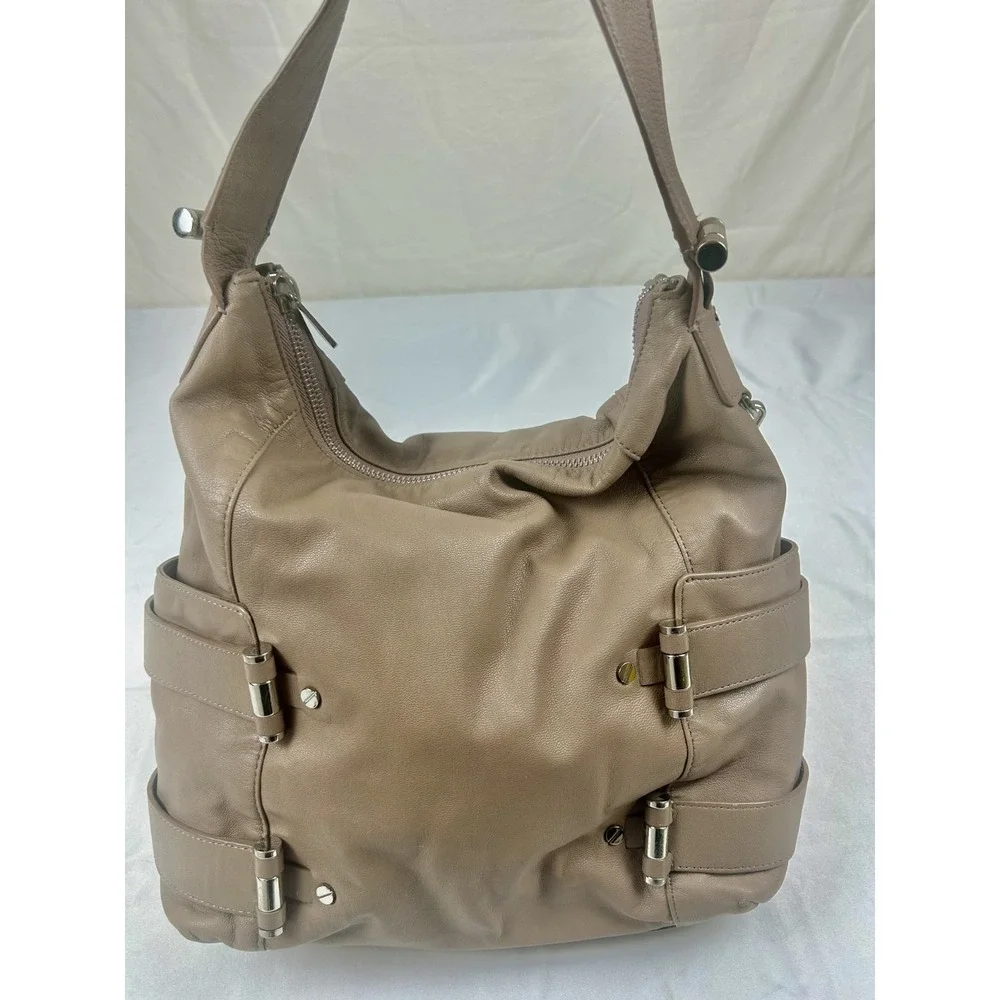 Michael Kors Taupe Pebbled Leather Hobo Shoulder Bag Large Silver Hardware Zip